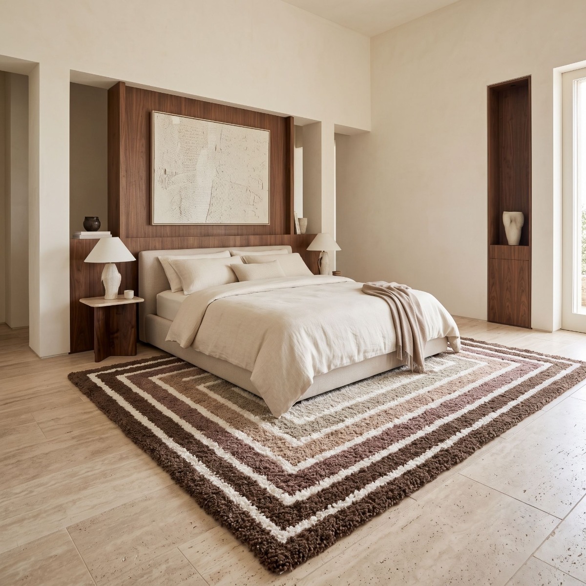 Tapis shaggy doux à motif géométrique MOKA MULTICADRES marron beige écru, THE DECO FACTORY