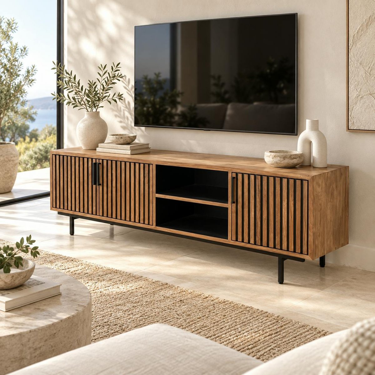 Meuble TV 3 portes 2 niches teck recyclé FANO bois naturel, PIER IMPORT