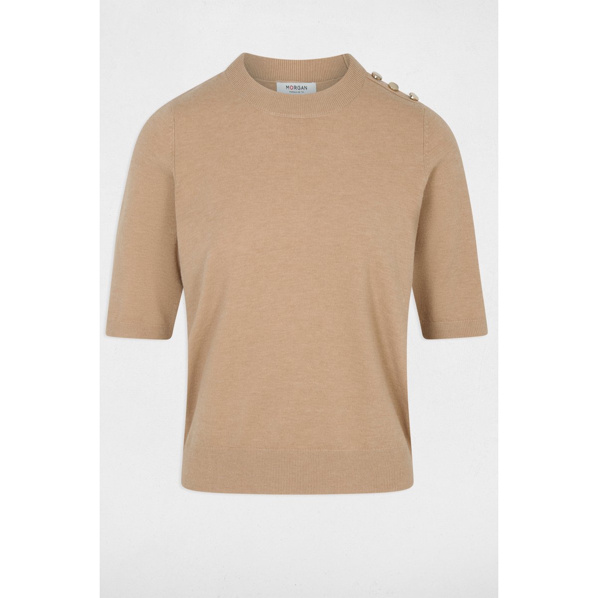 Pull col rond manches courtes beige, MORGAN