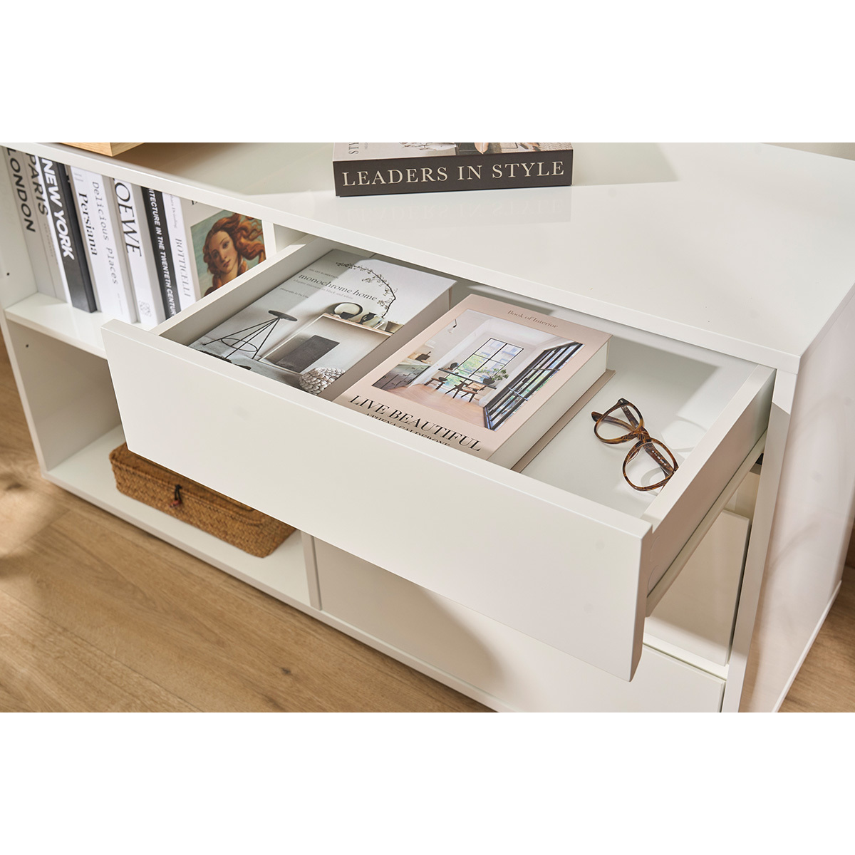 Bureau modulable design blanc brillant et bois clair frêne L160-235 cm NEW MAX blanc, MILIBOO