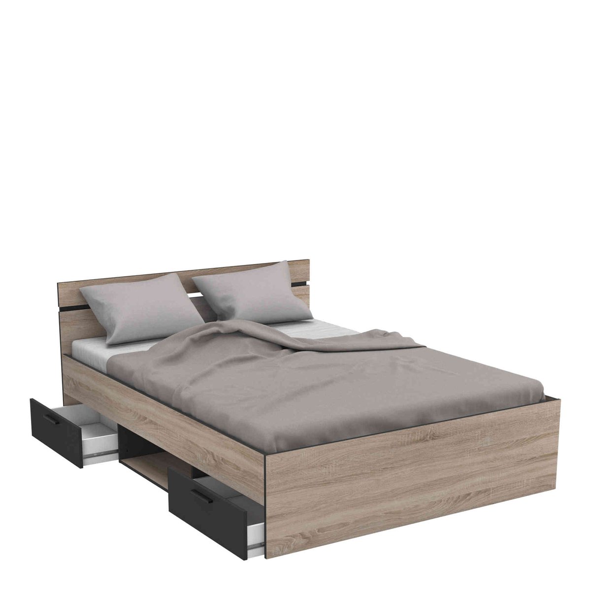 Lit avec 2 tiroirs, 1 niche de rangement bois foncé, TERRE DE NUIT