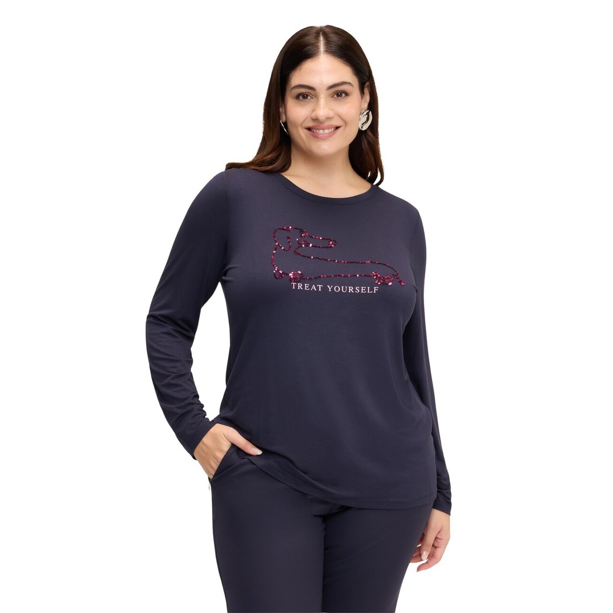 T-shirt avec teckel en paillettes et inscription bleu, FIORELLA RUBINO