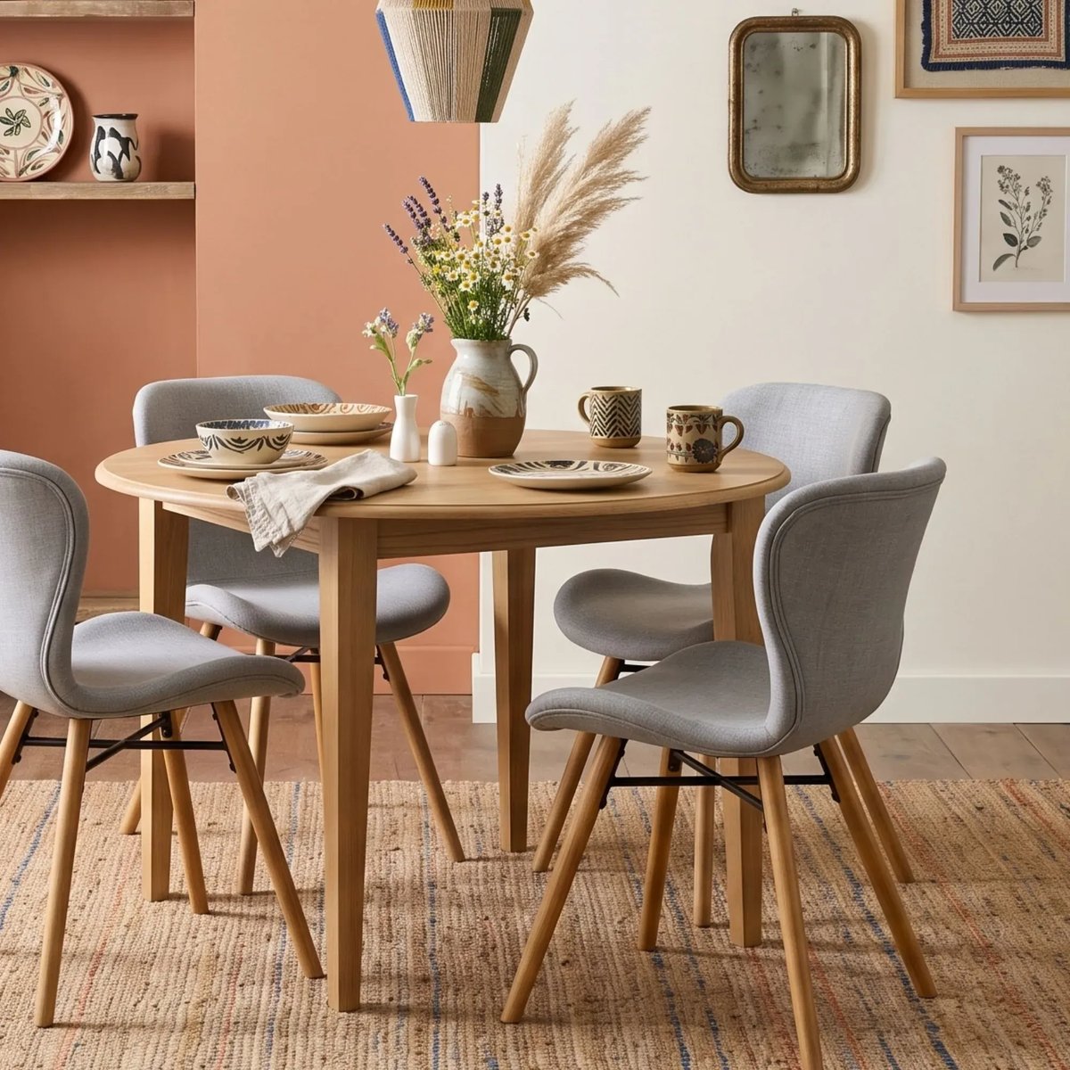 Table ronde extensible pieds fuseau D105 + 4 chaises tissu - VICTORIA gris clair, HELLIN, DEPUIS 1862