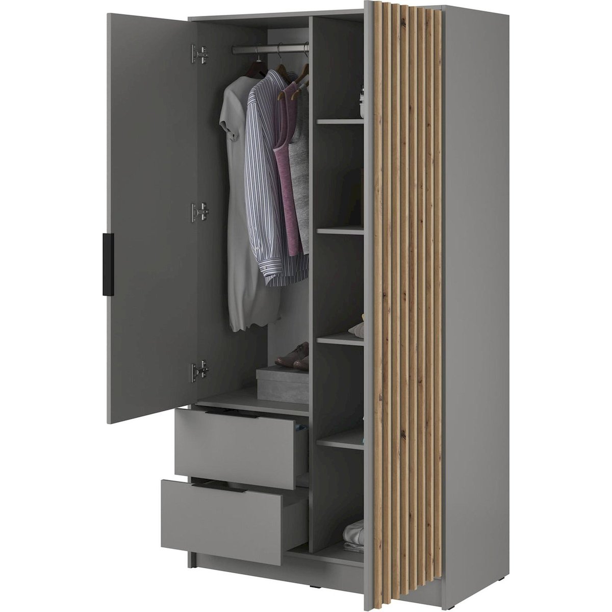Armoire 2 portes à lattes chêne KARETTE gris et bois clair, RECOLLECTION