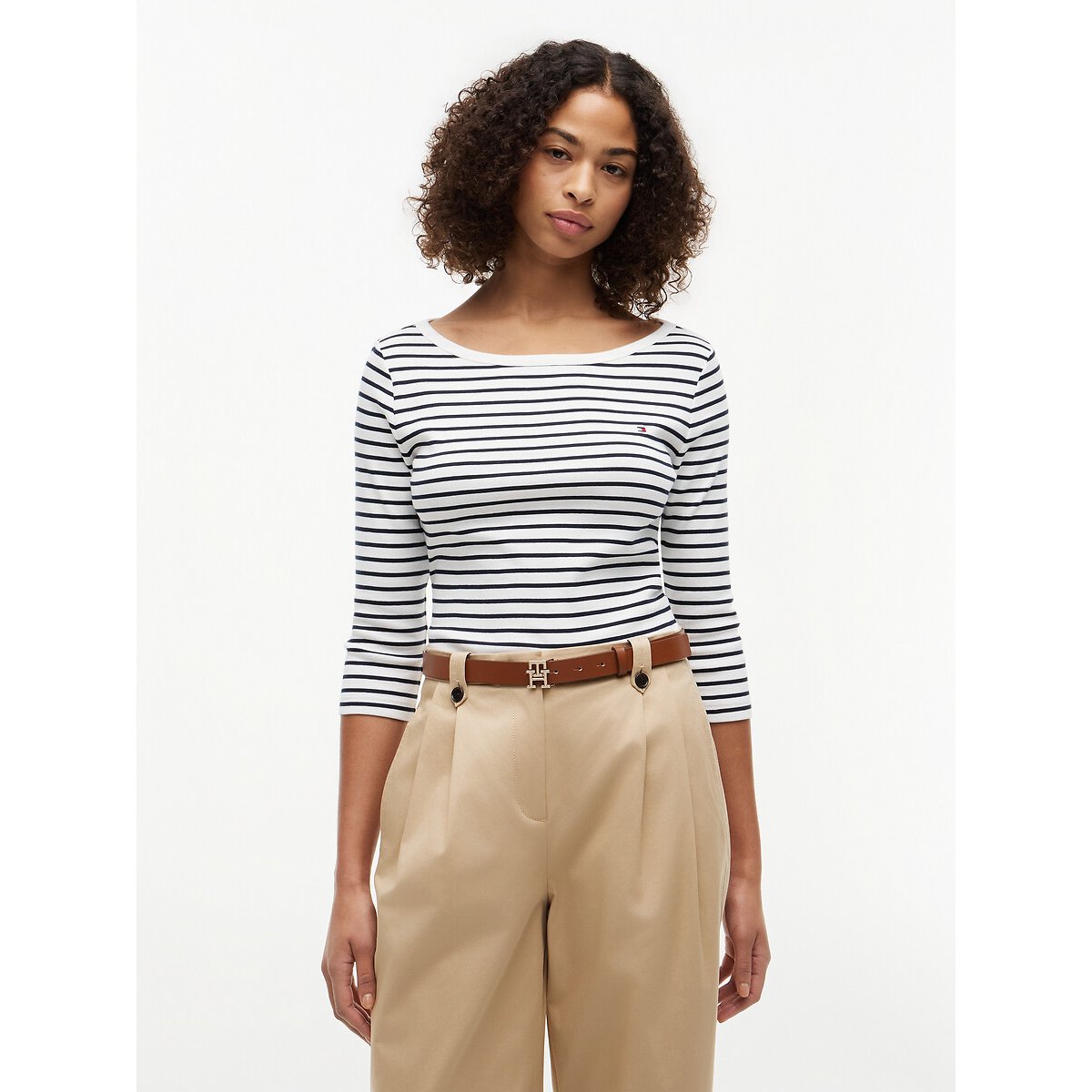 T-shirt com decote à barco, às riscas, mangas 3/4 branco/marinho, TOMMY HILFIGER