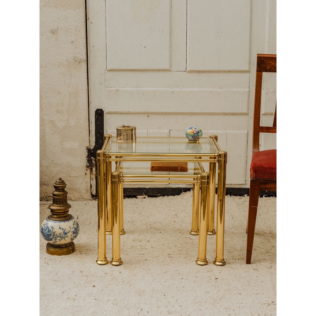 Tables gigognes en laiton et verre Barbara N°221 - Bon état doré, DEBONGOUT