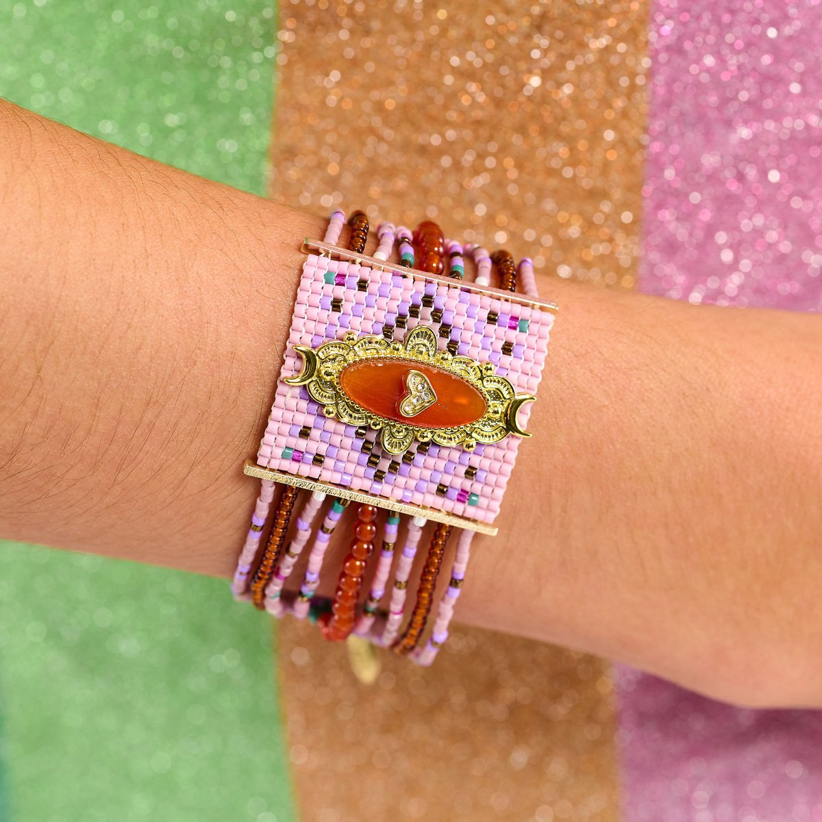 Bracelet perles régalbles avec cabochon central cœur KALUMEY lilas, HIPANEMA