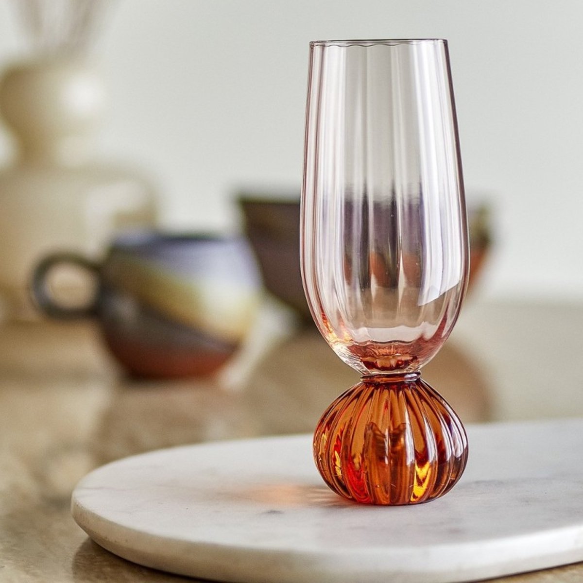 Flûte à champagne verre strié TAURIN rose, BLOOMINGVILLE