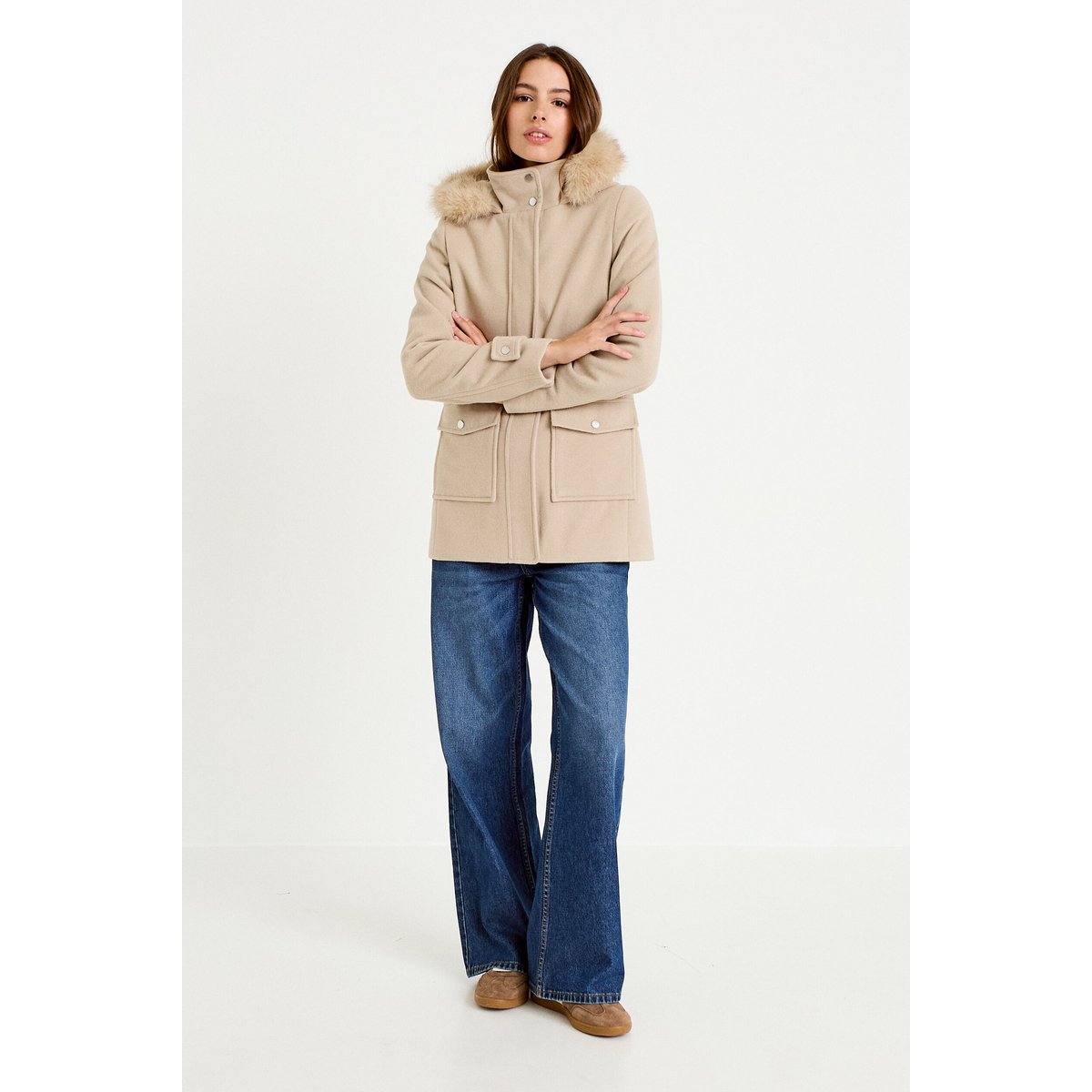 Manteau mi-long à capuche beige, CACHE CACHE
