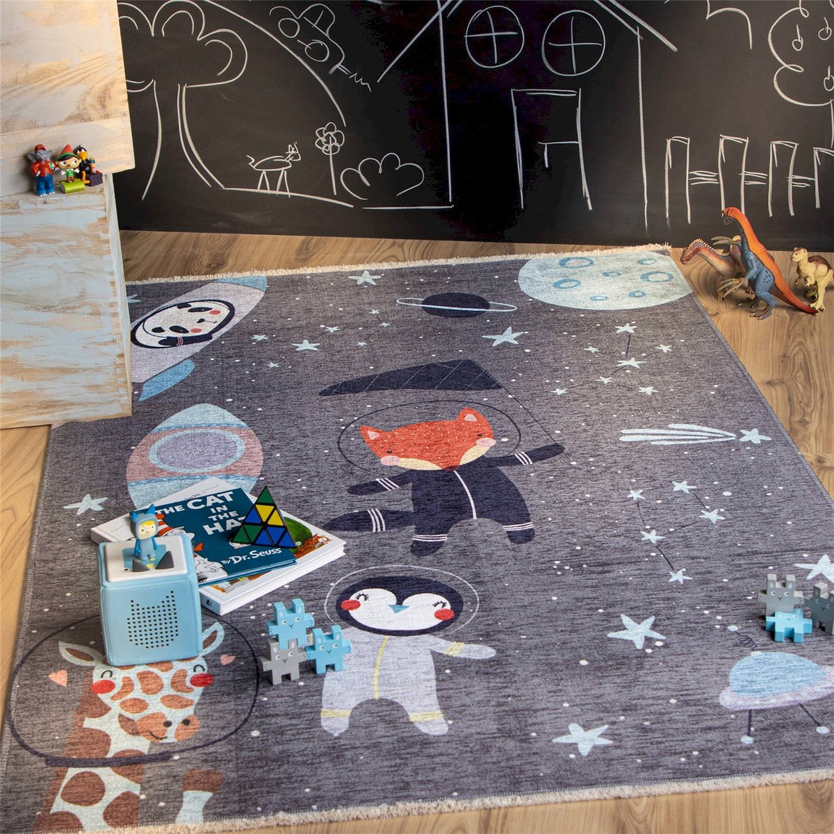 Tapis enfant en coton motif espace gris anthracite motif espace pastel, ARTE ESPINA