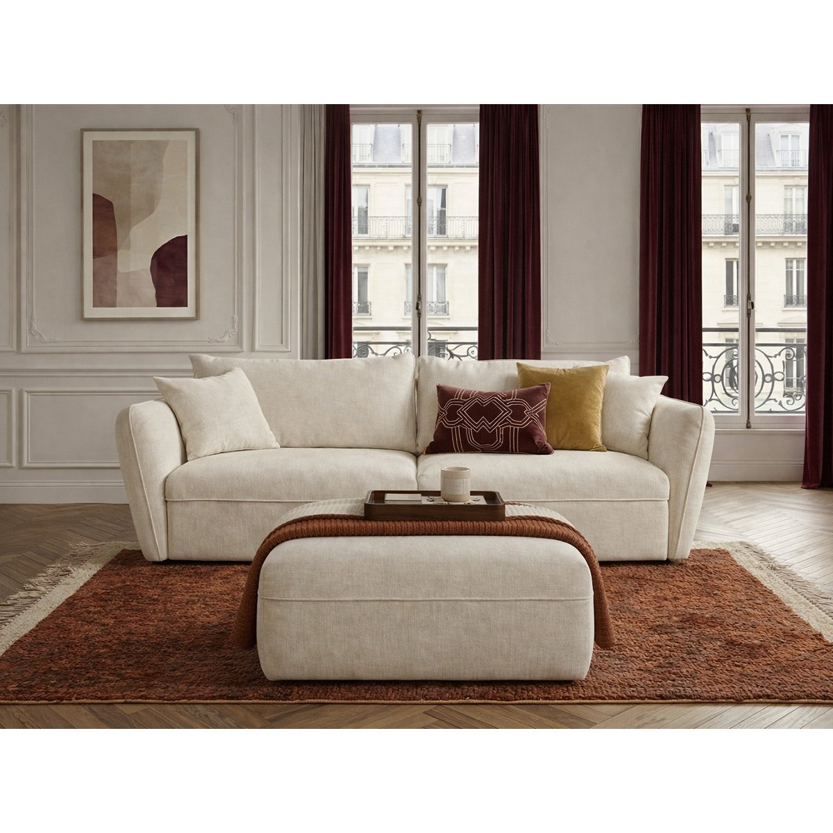 Canapé droit fixe 3 places en tissu texturé avec pouf, LUIGI blanc, BOBOCHIC