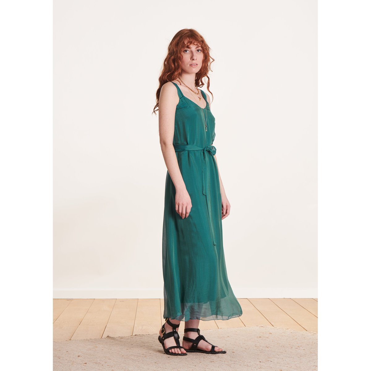 Robe longue à bretelles en viscose/soie saigon, LA FEE MARABOUTEE