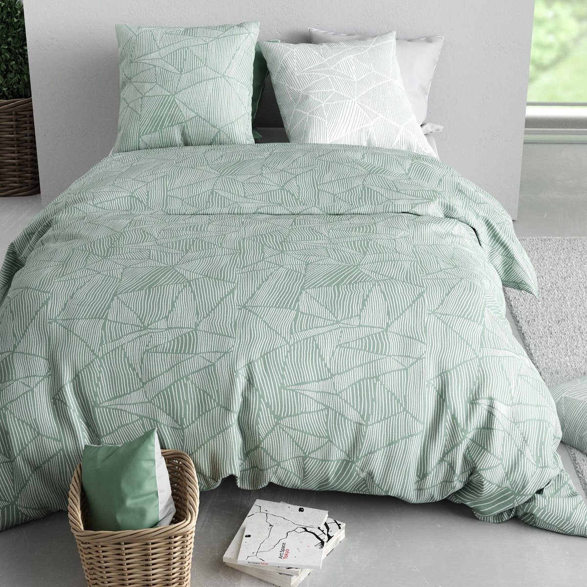 Parure de lit - Housse de couette + taie 100% Coton 57 fils vert, EDEN