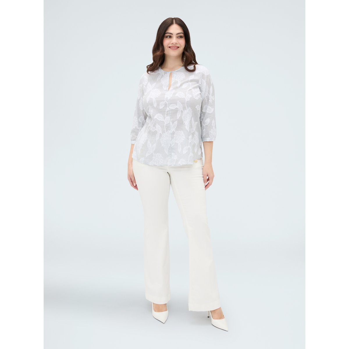 Blouse jacquard avec broderie florale blanc, FIORELLA RUBINO
