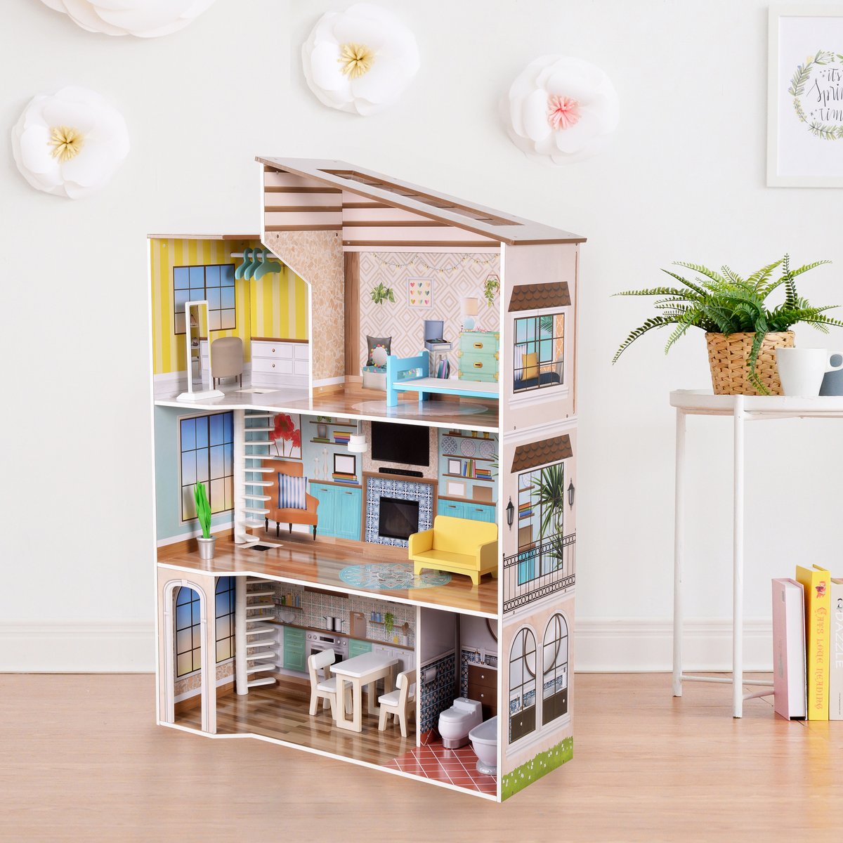 Maison Poupée Bois 3 Étages rose, TEAMSON KIDS