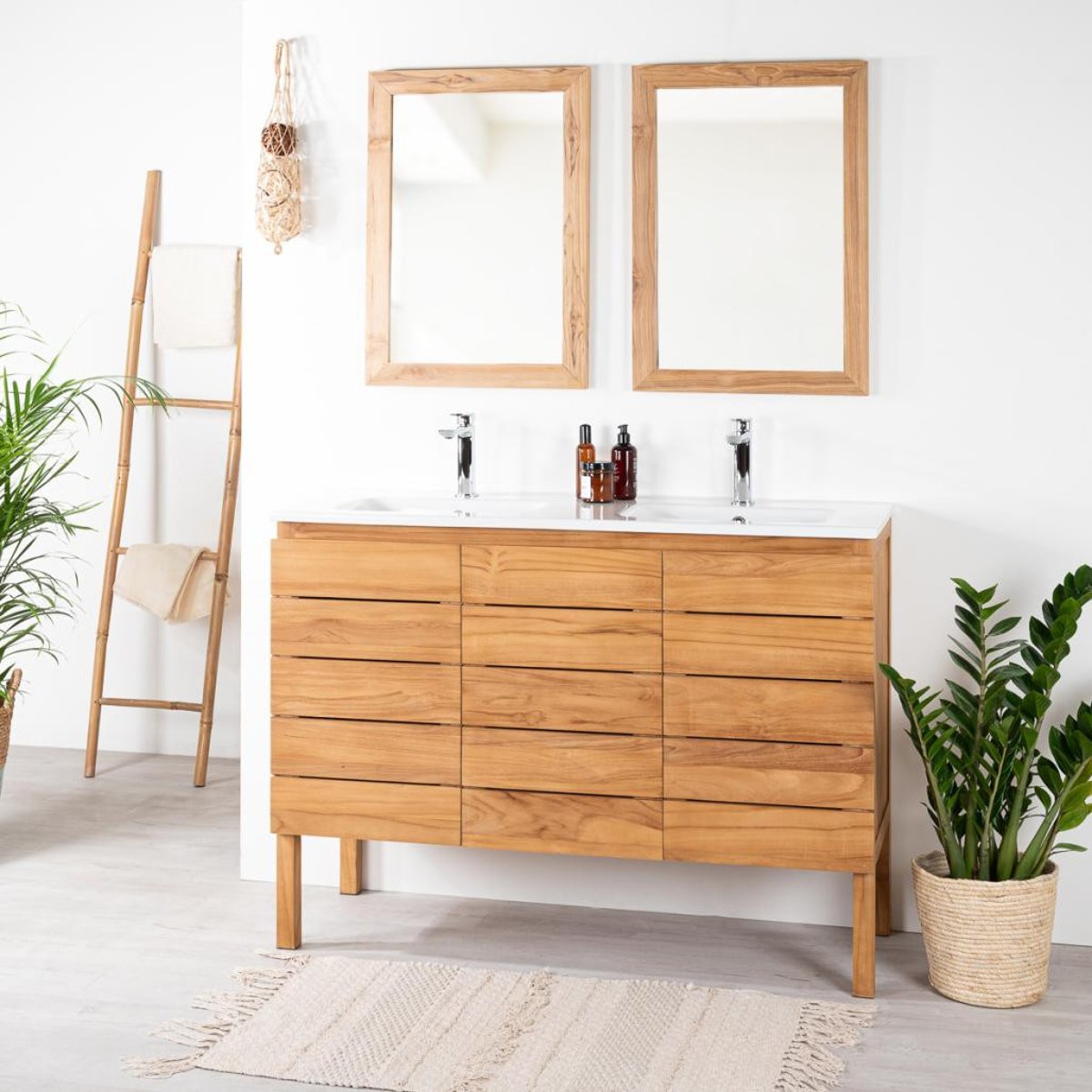 Meuble salle de bain en teck et céramique 120 cm ANANTA blanc, WANDA COLLECTION