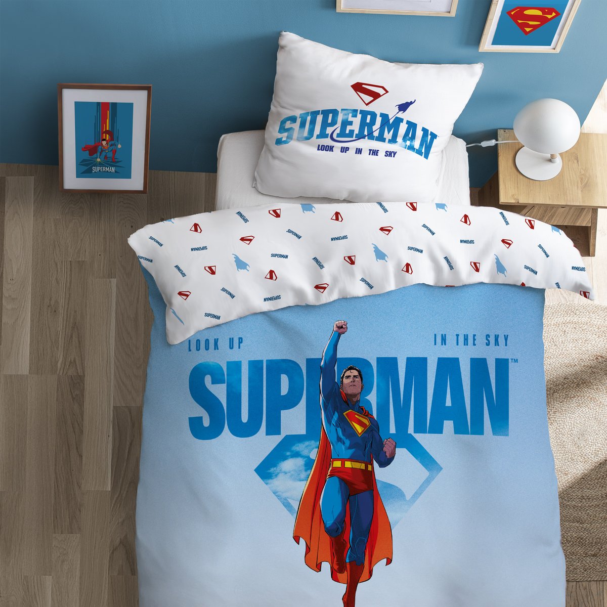 Parure de lit imprimée 100% Coton, MAN bleu/rouge, SUPERMAN
