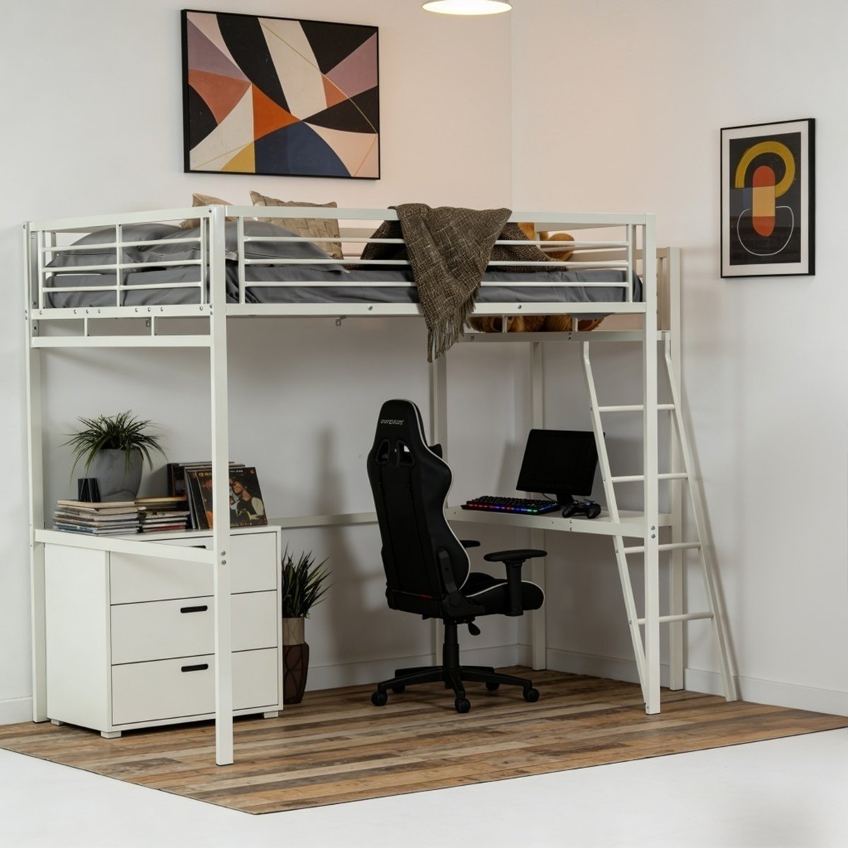 Lit mezzanine Lits superposes en métal sans matelas, LIONEL blanc, MEUBLES COSY