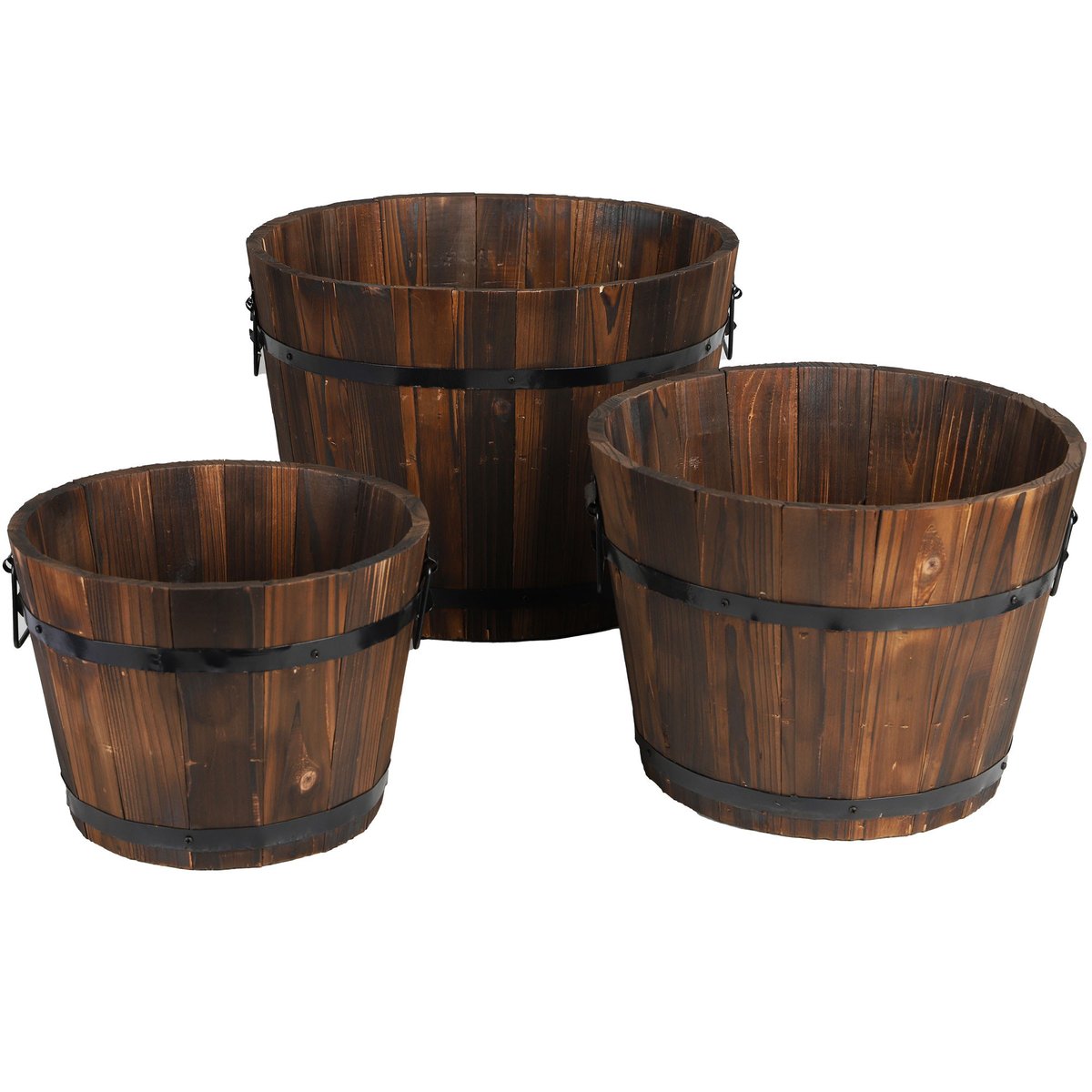 Set de 3 cache-pots en bois et cerclage métal noir tonneaux bois, WADIGA