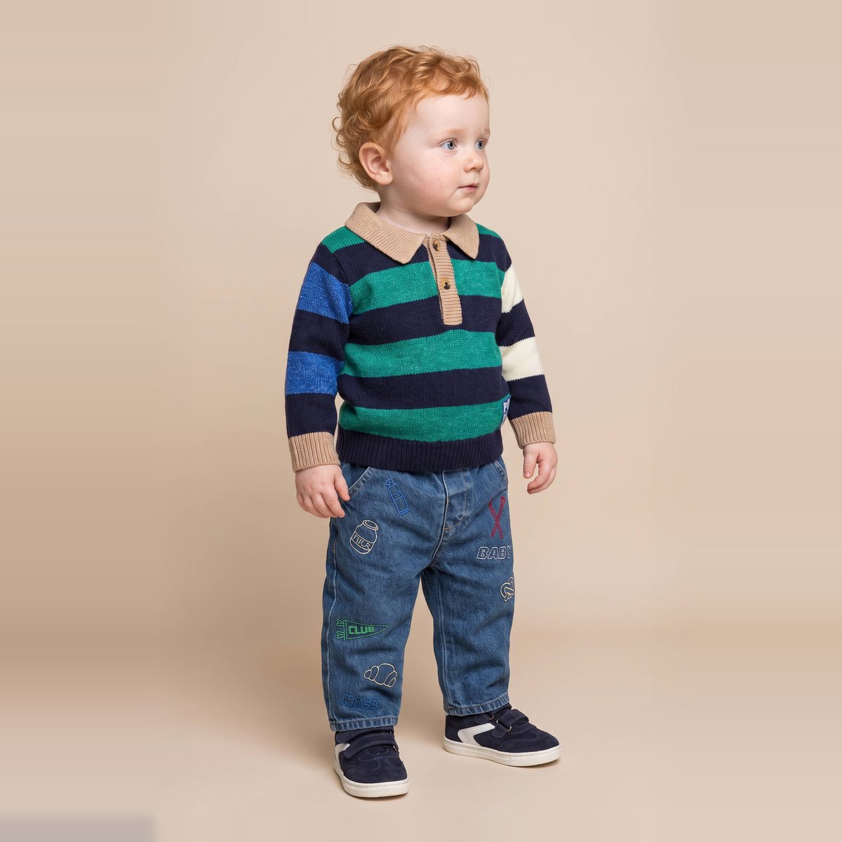 Jean taille élastique brodé en coton denim, BOUT'CHOU