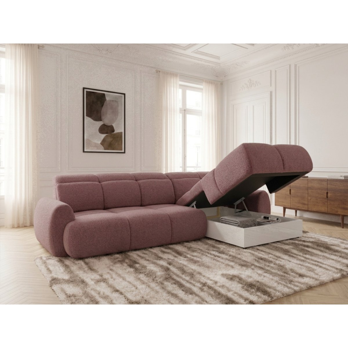 Canapé d'angle convertible 3 places en tissu chenille, RUBY rouge, BOBOCHIC