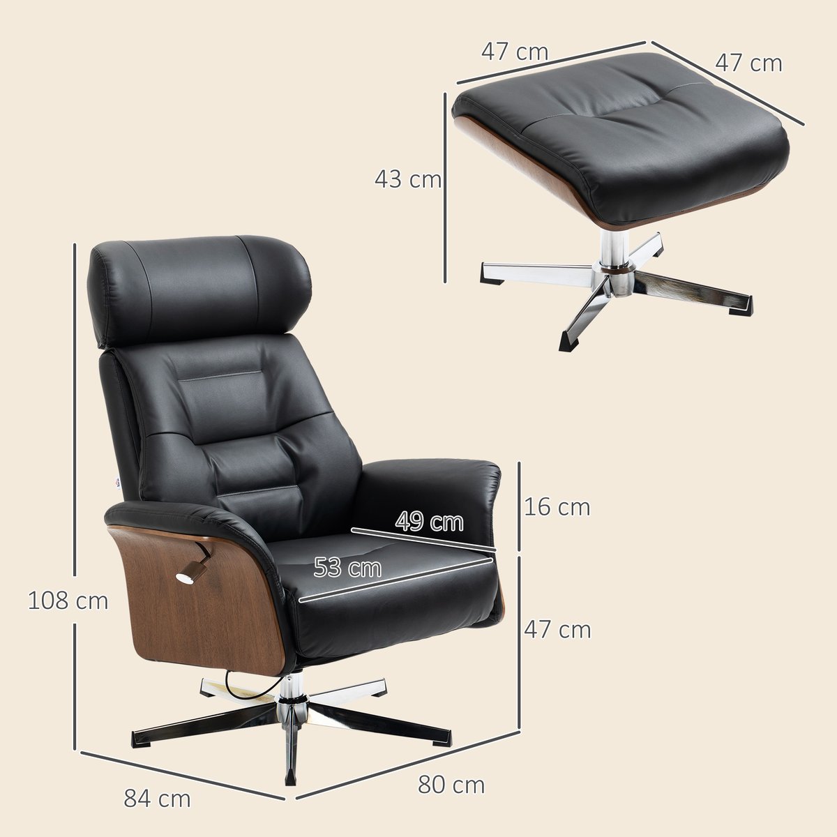 Fauteuil inclinable avec repose-pieds noir, HOMCOM