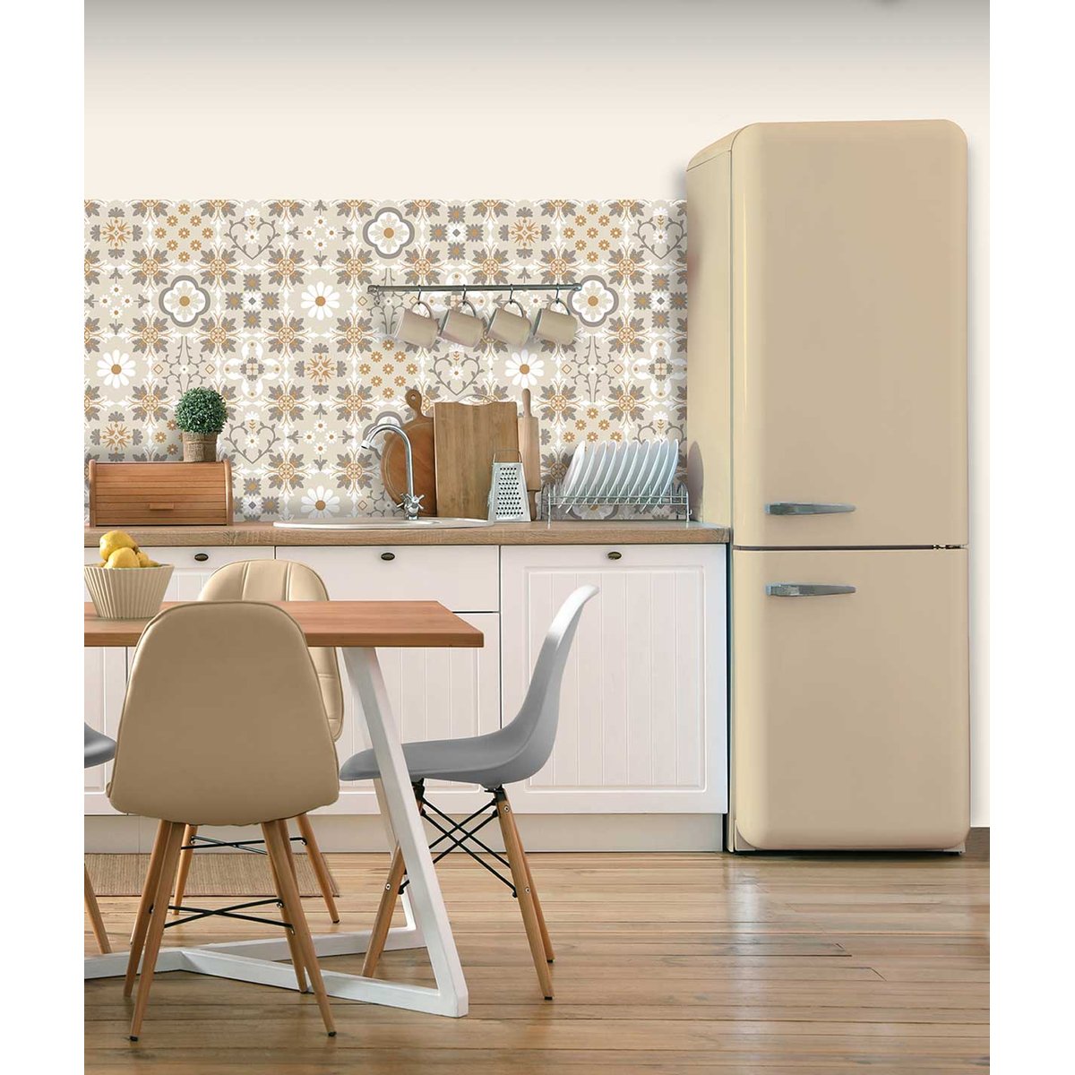 Papier peint carreaux vintage motifs floraux beige et ocre beige, HEXOA