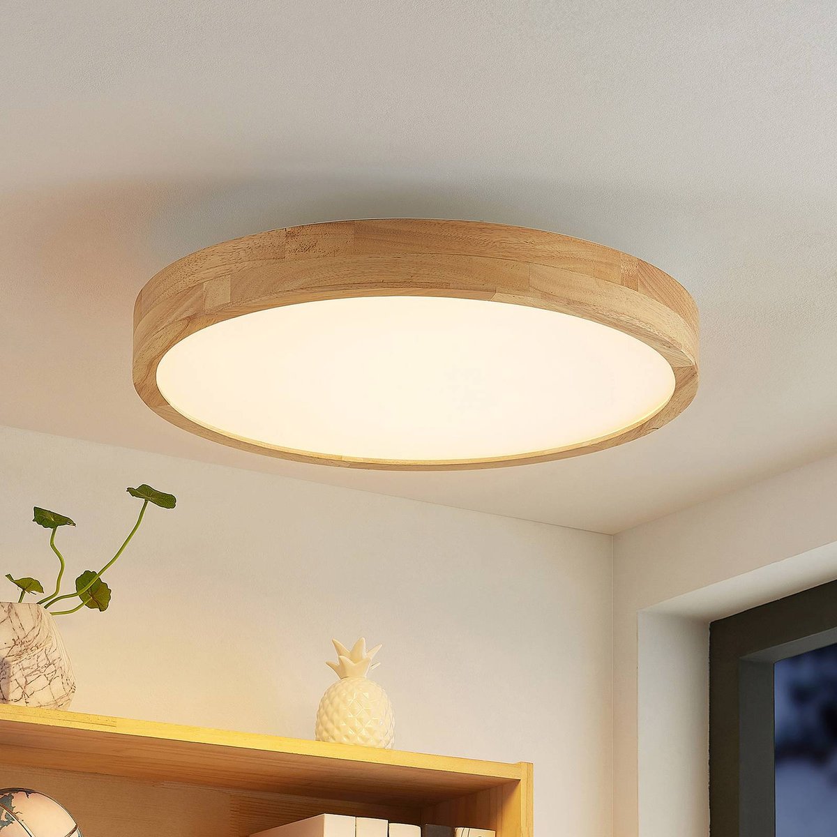 Plafonnier en bois moderneLED, Lanira bois clair, blanc, LINDBY