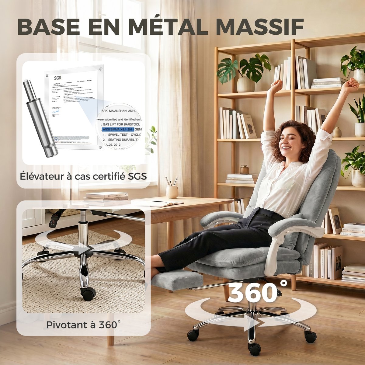 Chaise de bureau Velours (100 % Polyester) gris clair, HOMCOM