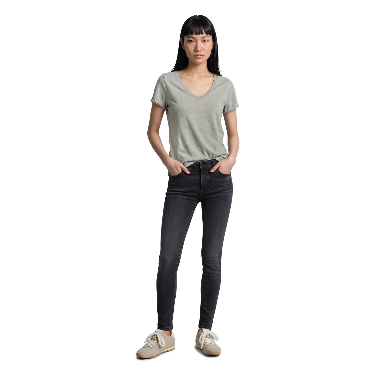 T-shirt classique à encolure en V en Organic Cotton Slub Jersey gris, MARC O’POLO DENIM