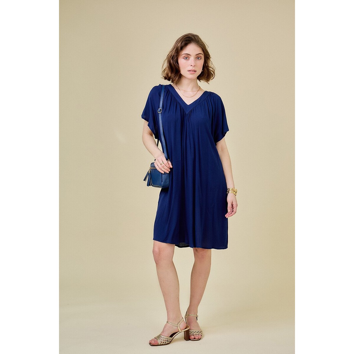 V-Neck Flared Dress navy blue, SEE U SOON