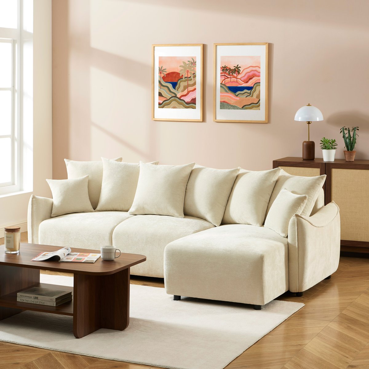 Canapé d'angle convertible tissu  OPALINE beige, BAÏTA