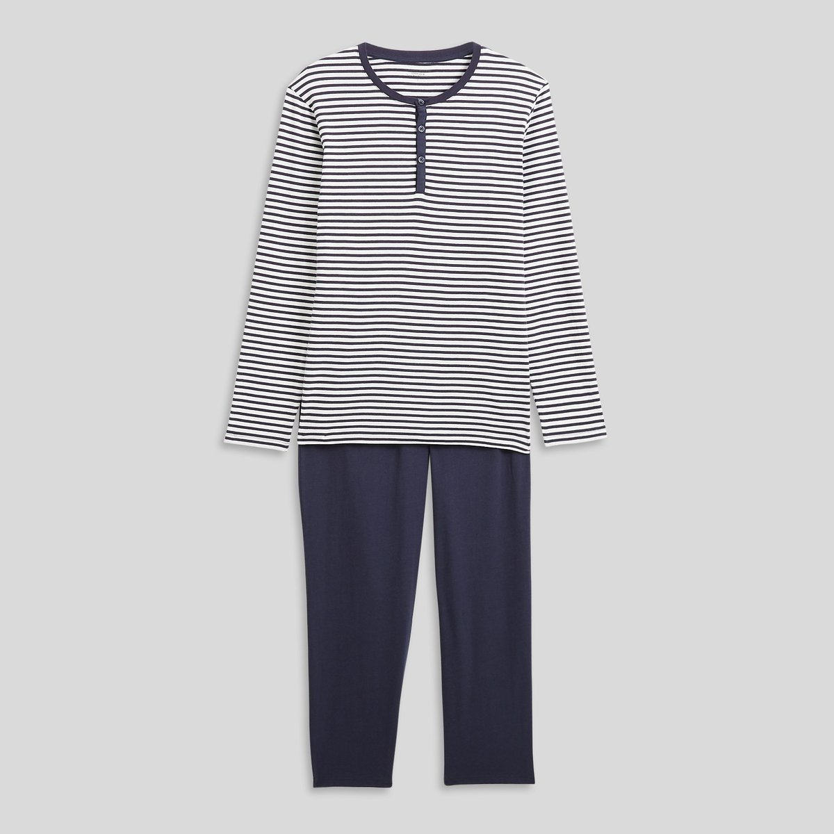 Pyjama T-shirt manches longues rayé et pantalon en jersey de coton BIO GOTS bleu marine, MONOPRIX