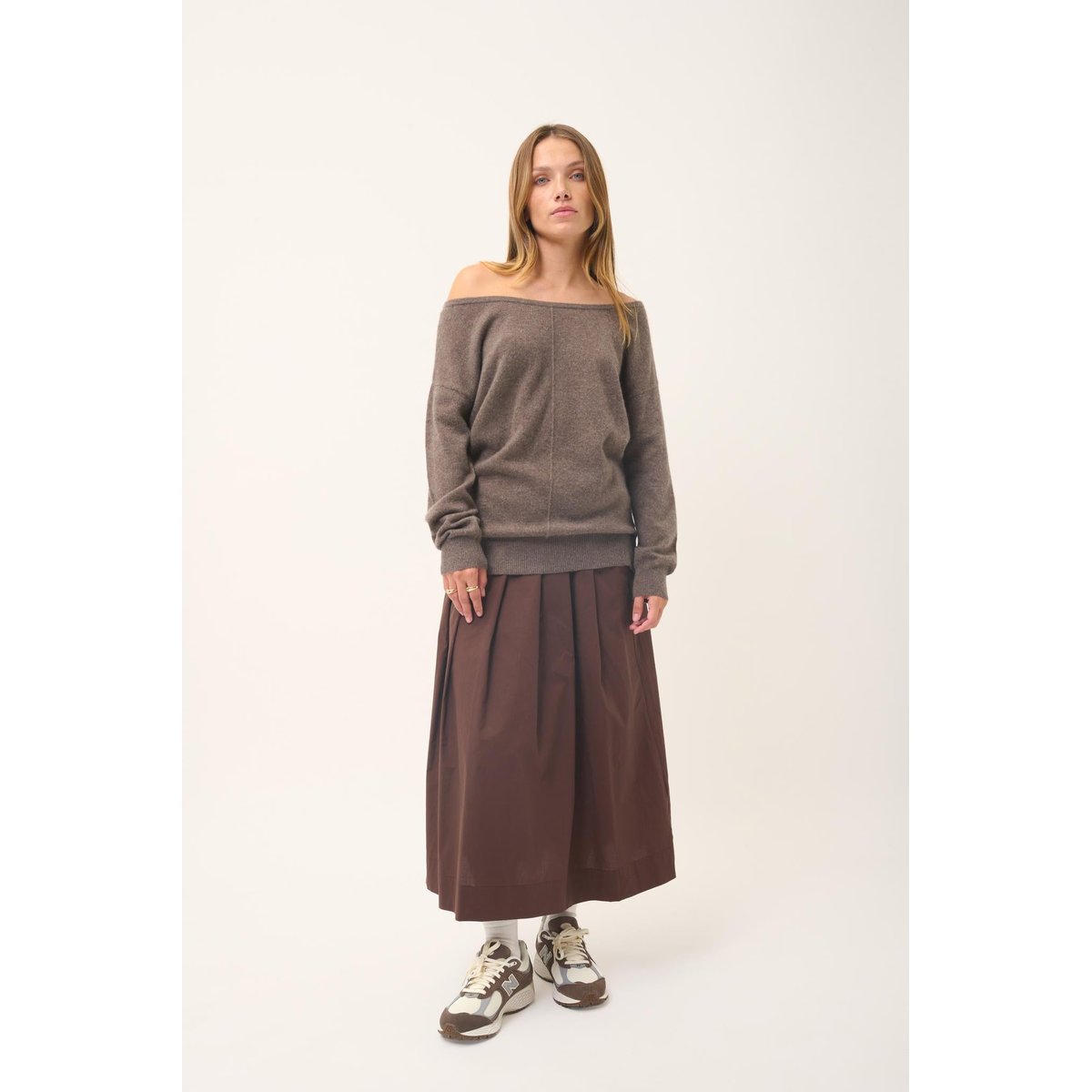 Pull Col Rond Taupe Chiné Karen marron, JUST CASHMERE