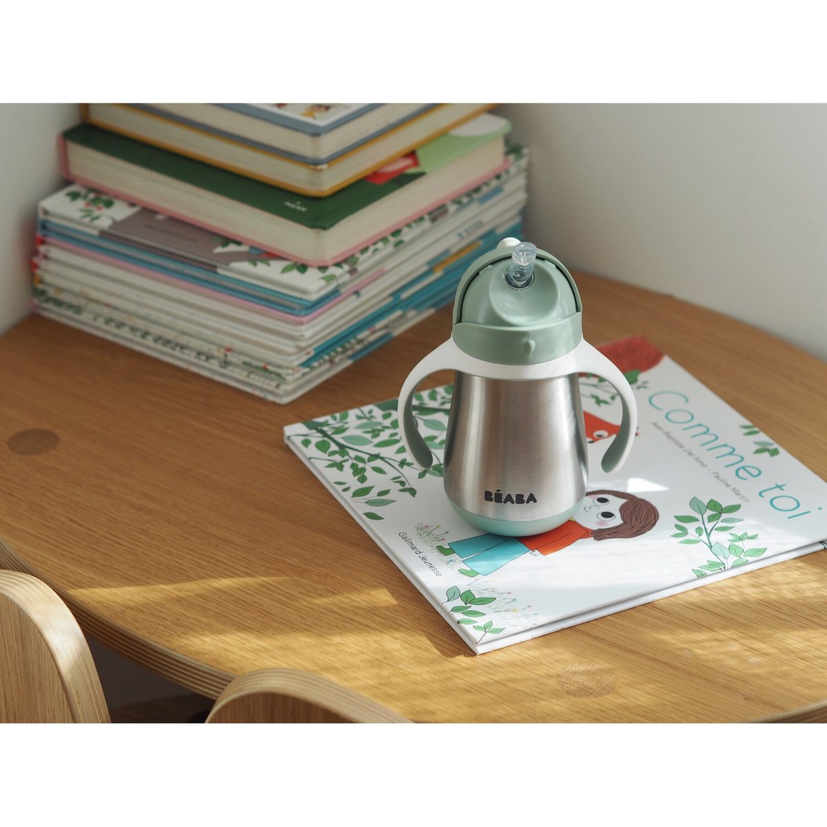 Tasse à paille en inox vert sauge, blanc, BEABA