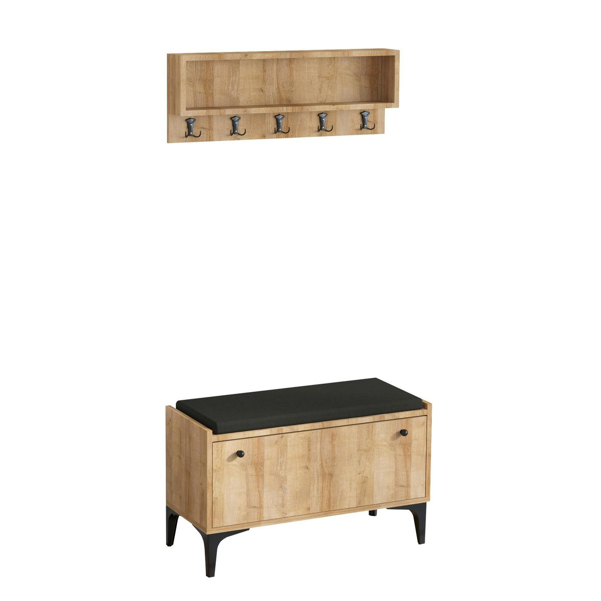Banquette entrée noire - casier chaussures & portemanteau JENA bois naturel, PIER IMPORT