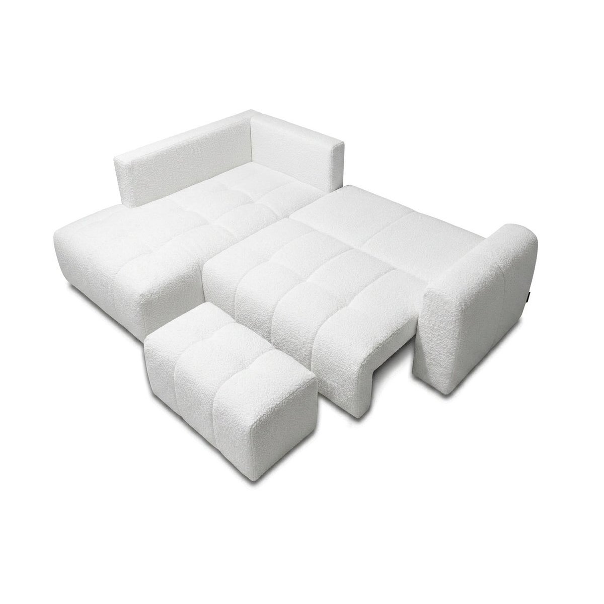 Canapé d'angle convertible 4 places en tissu bouclette avec pouf, ROXELANE blanc, BOBOCHIC