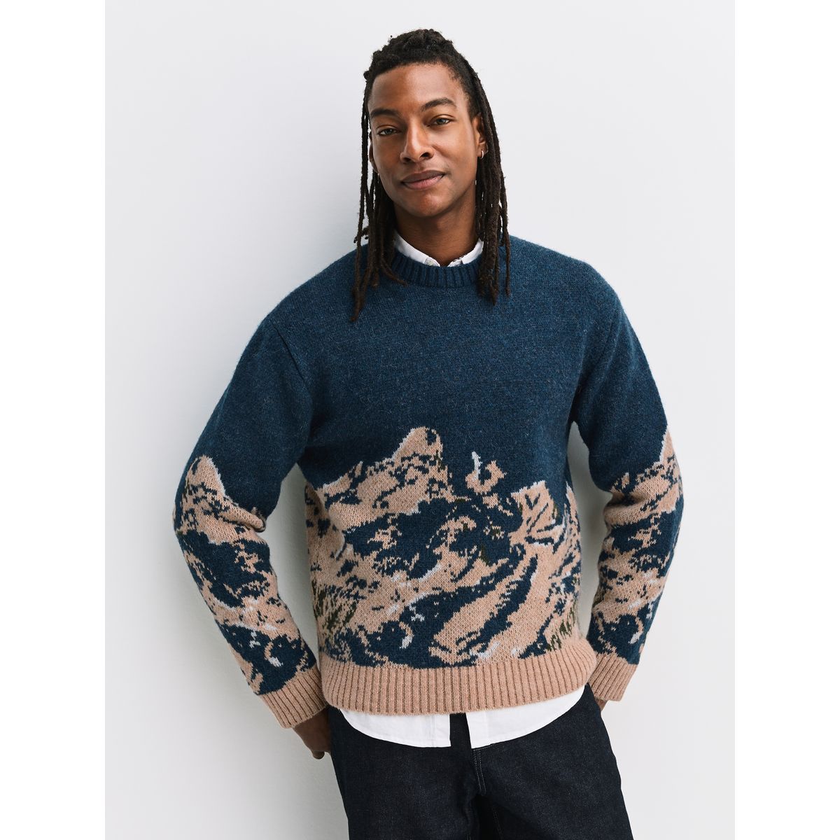 Pull ras du cou en mailleà motif montagnes bleu marine, NEXT
