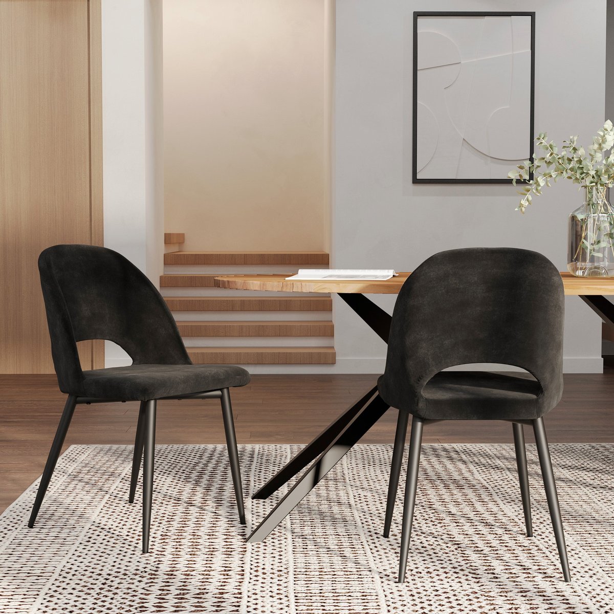 Pack 2 chaises et 2 chaises de bar 65 cm en velours - PÉNÉLOPE noir, MAISON PAVANE