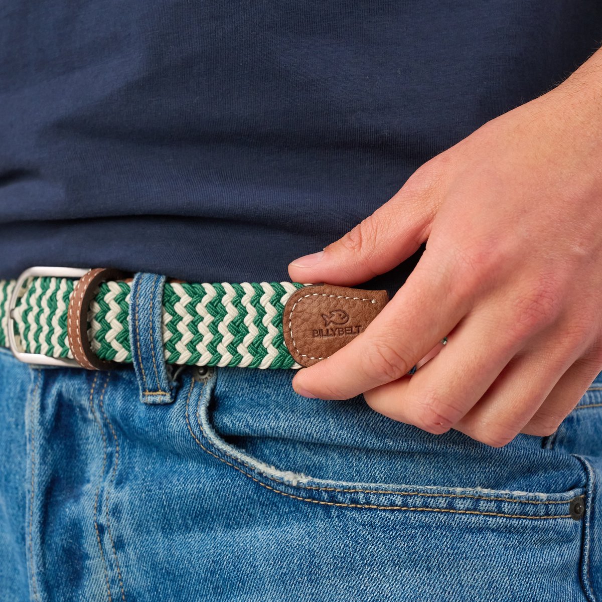 Ceinture tressée élastique MULTICOLORE vert et blanc, BILLYBELT