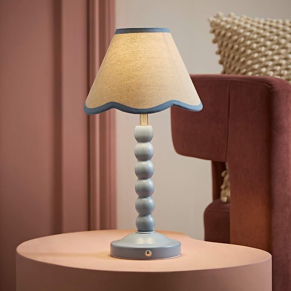Bobbie Painted Bobbin Rechargeable Table Lamp with Scallop Shade blue, SO'HOME