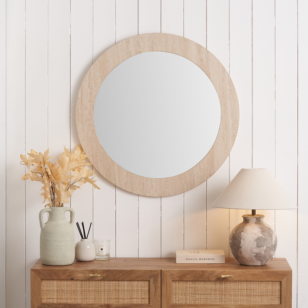 80cm Treviso Round Travertine Effect Veneer Wall Mirror travertine, ÉDITÉ