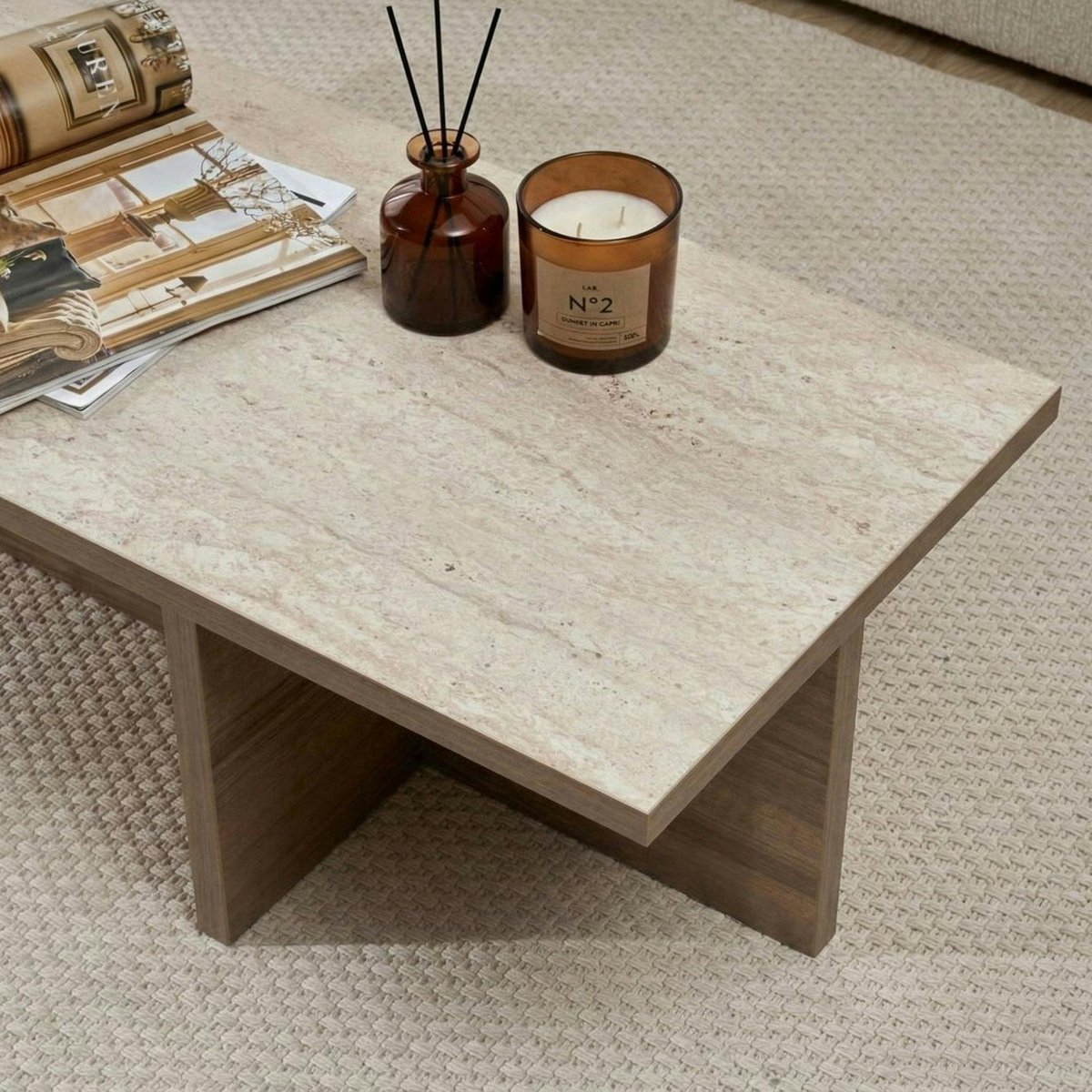 Table basse étroite décor travertin et noyer MARFA beige, PIER IMPORT
