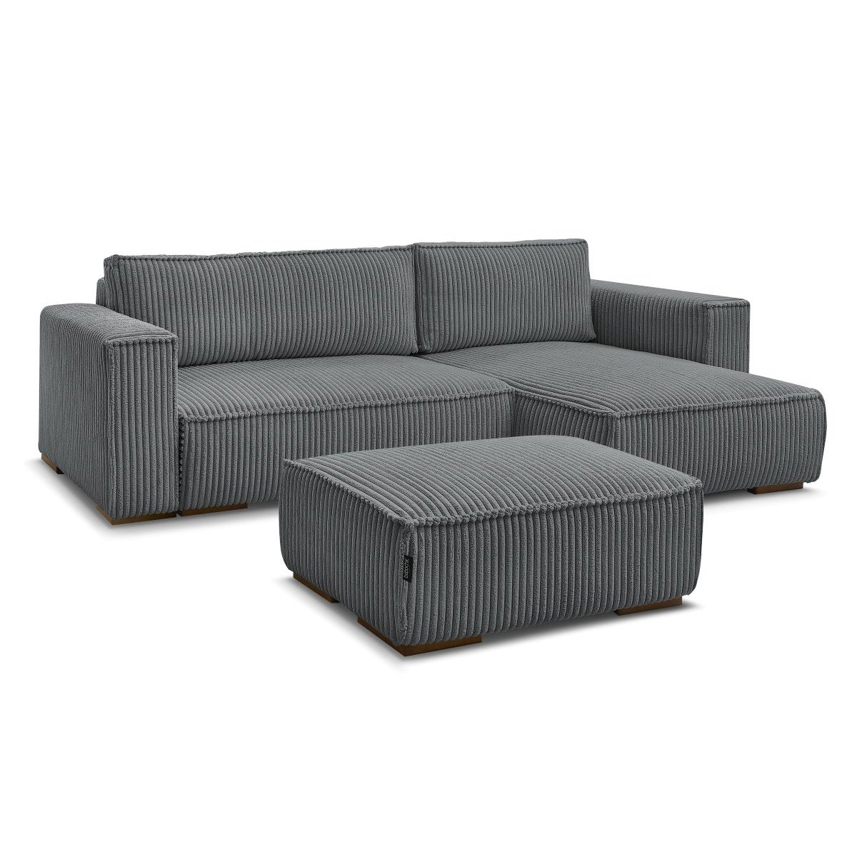 Canapé d'angle convertible 4 places en gros côtelé doux avec pouf, CHELSEA gris foncé, BOBOCHIC