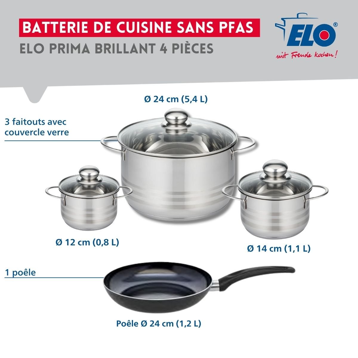 Batterie 1 poêle 24cm + 3 faitouts 12/14/24cm PRIMA BRILLANT noir, ELO
