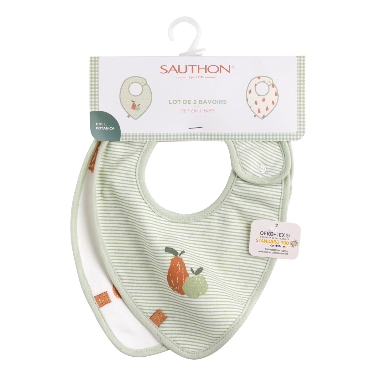 Bavoirs en coton lot de 2 vert, SAUTHON