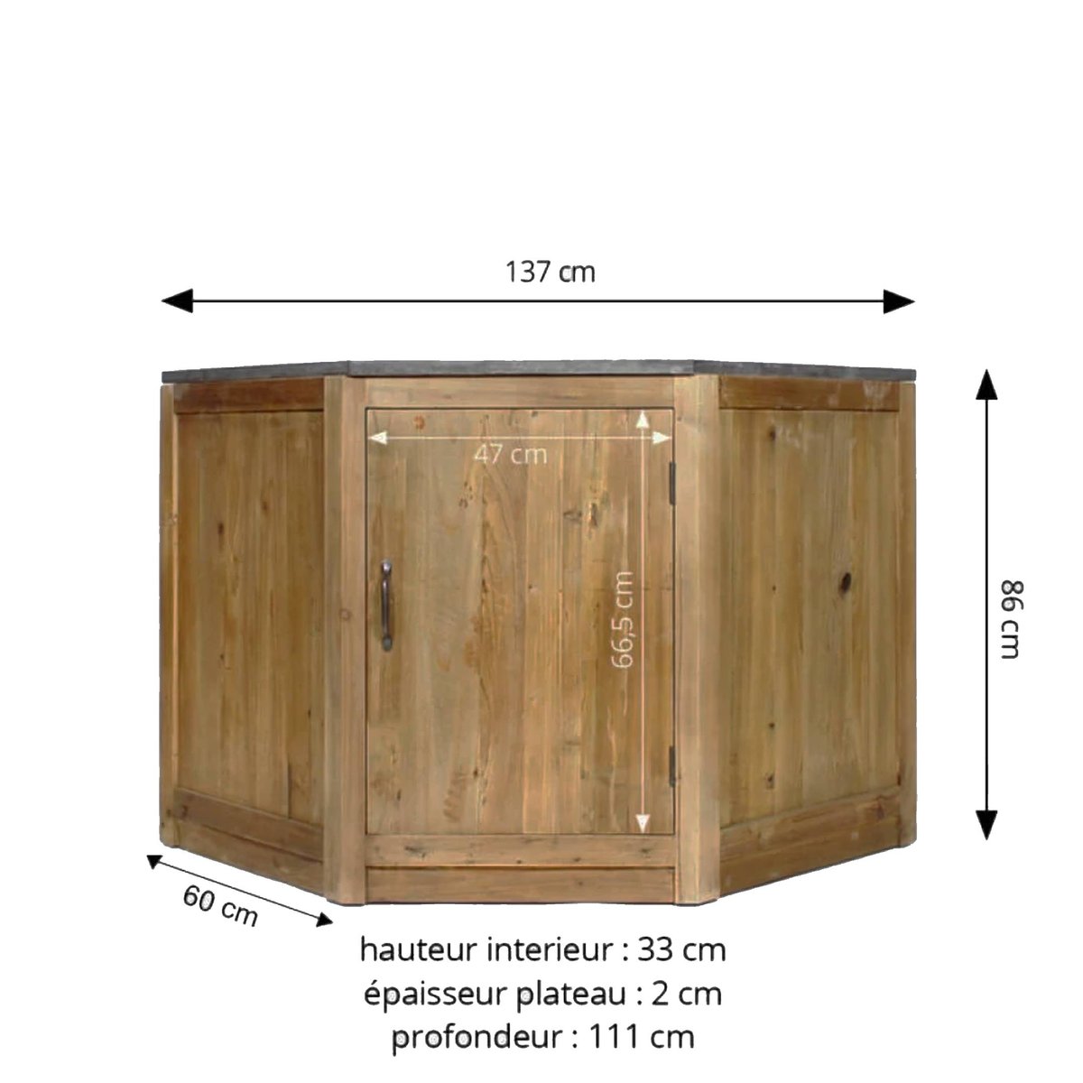 Meuble bas de cuisine en bois recyclé et pierre bleue CHAMPÊTRE bois clair, MADE IN MEUBLES