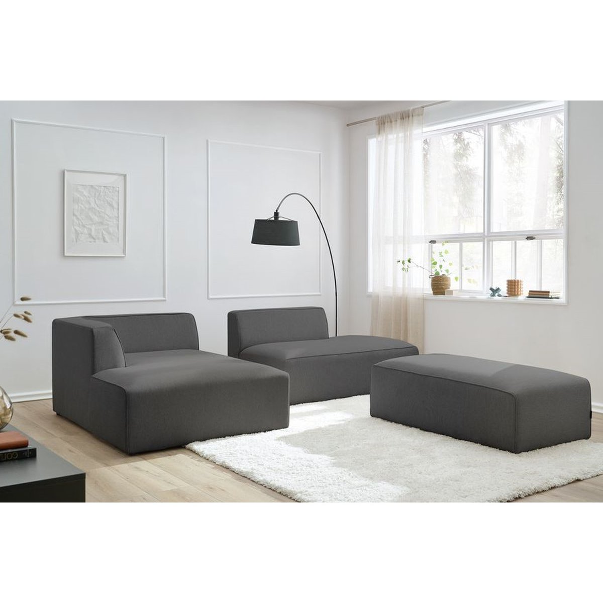 Canapé modulable 5 places en tissu chiné avec pouf, MEGEVE gris foncé, BOBOCHIC