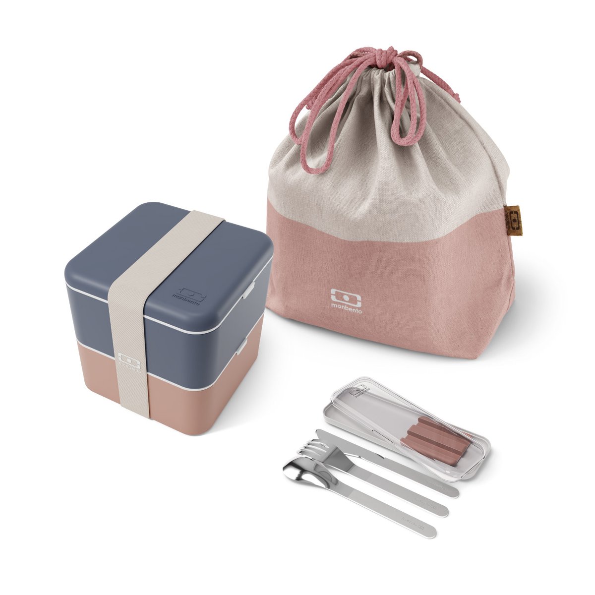 Set repas lunch box 2 étages 1,7L avec accessoires bleu/rose, MONBENTO