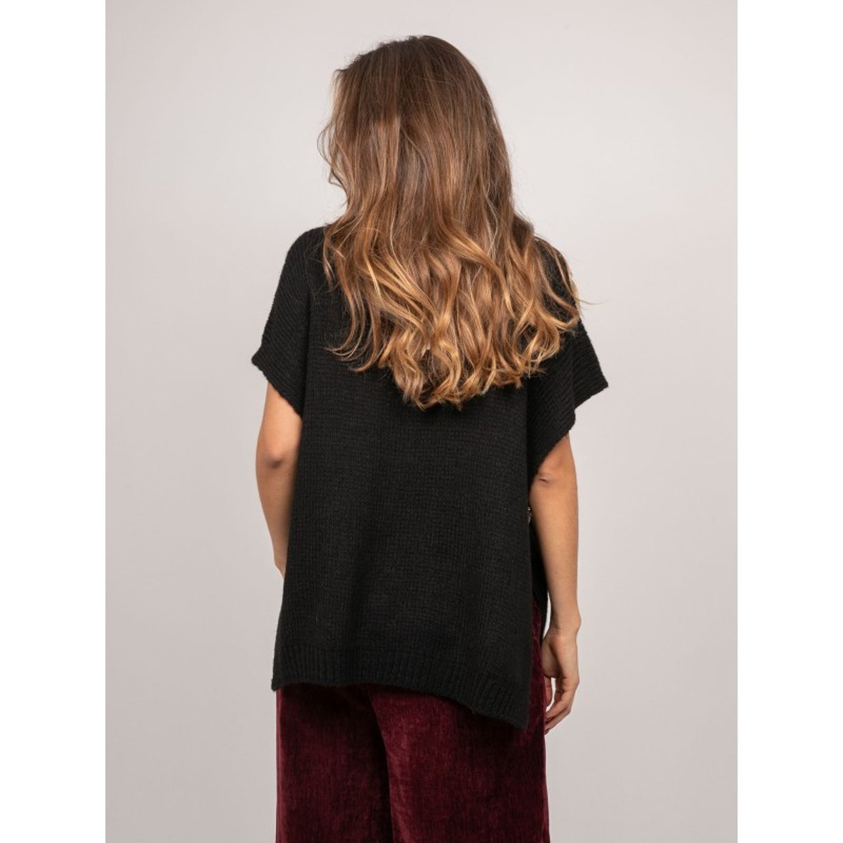 Pull Oversize Manches Courtes Grosse Maille Kireve noir, DONA LISA